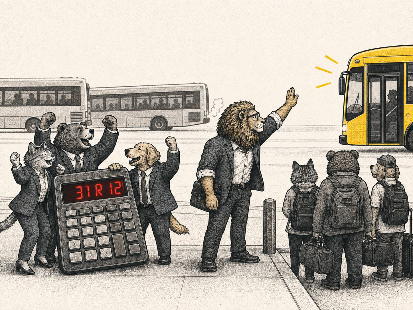 Three suited animals cheer around a giant calculator reading 31 R 12 while four travelers stand stranded at the curb, and a lion in a blazer waves in one more yellow bus.