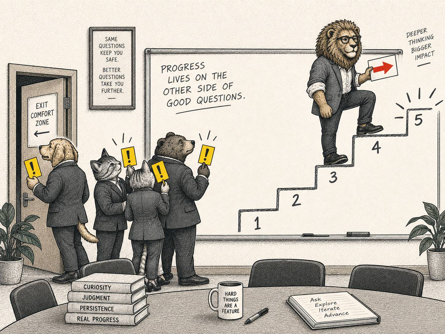 Four suited animals cluster at the first step of a five-step staircase while a lion climbs toward the top holding a forward arrow, illustrating the difference between stopping at uncertainty and pushing ahead