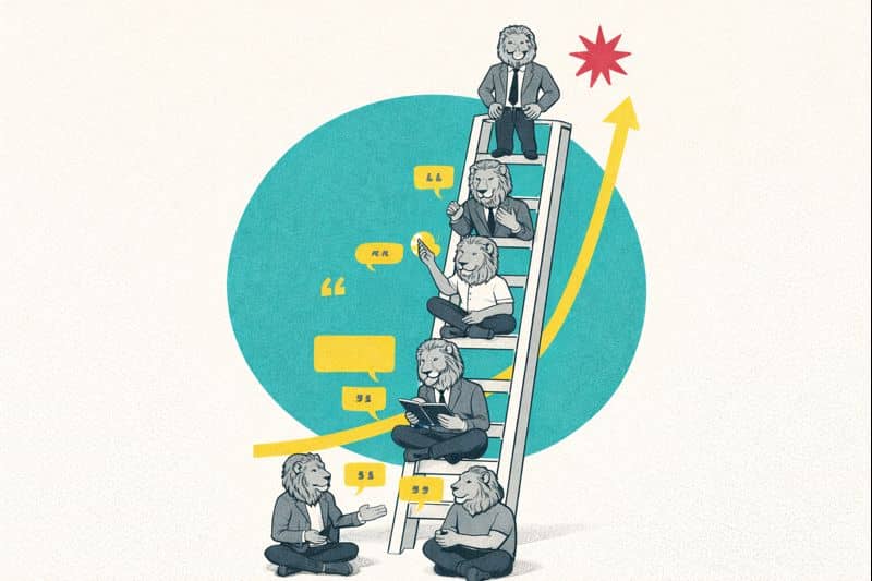 Grayscale lions at different rungs of a ladder share stories, symbolizing company hierarchy, set against a teal circle with a yellow upward arrow.