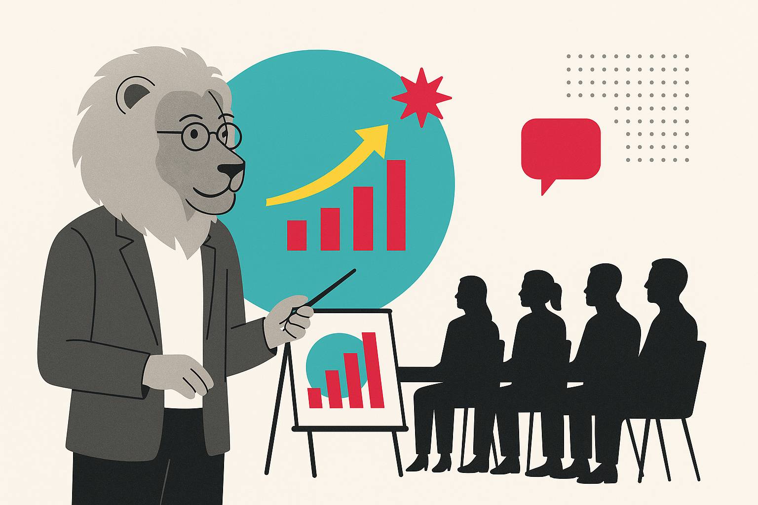 Grayscale lion in a blazer presents a rising bar chart to boardroom executives; teal circle backdrop and yellow arrow.