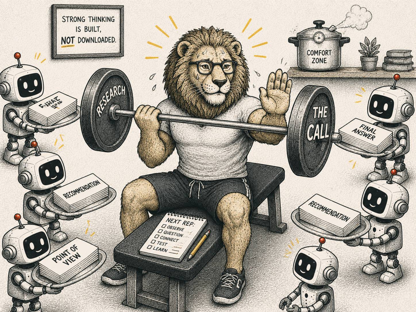 A lion lifts a barbell labeled research and the call while friendly robots offer platters of ready-made answers, showing that judgment comes from doing your own reps, not accepting AI's conclusions