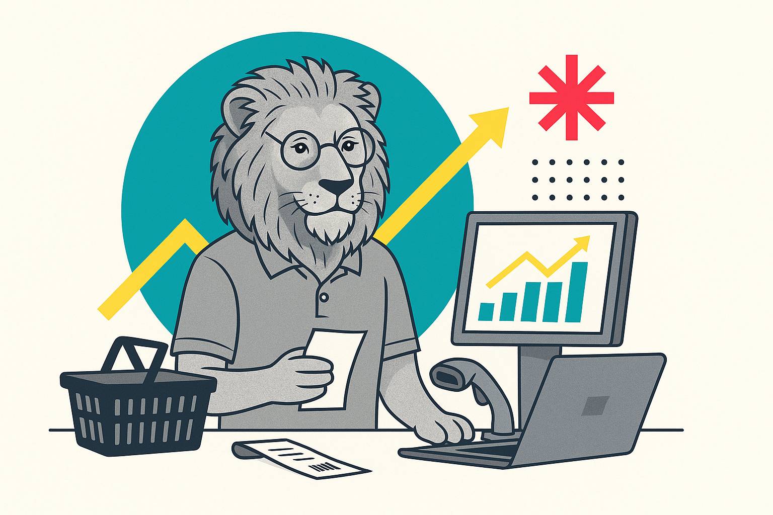 Grayscale lion cashier at a retail checkout reviews a receipt; teal circle backdrop, yellow growth arrow, and bar chart on the monitor