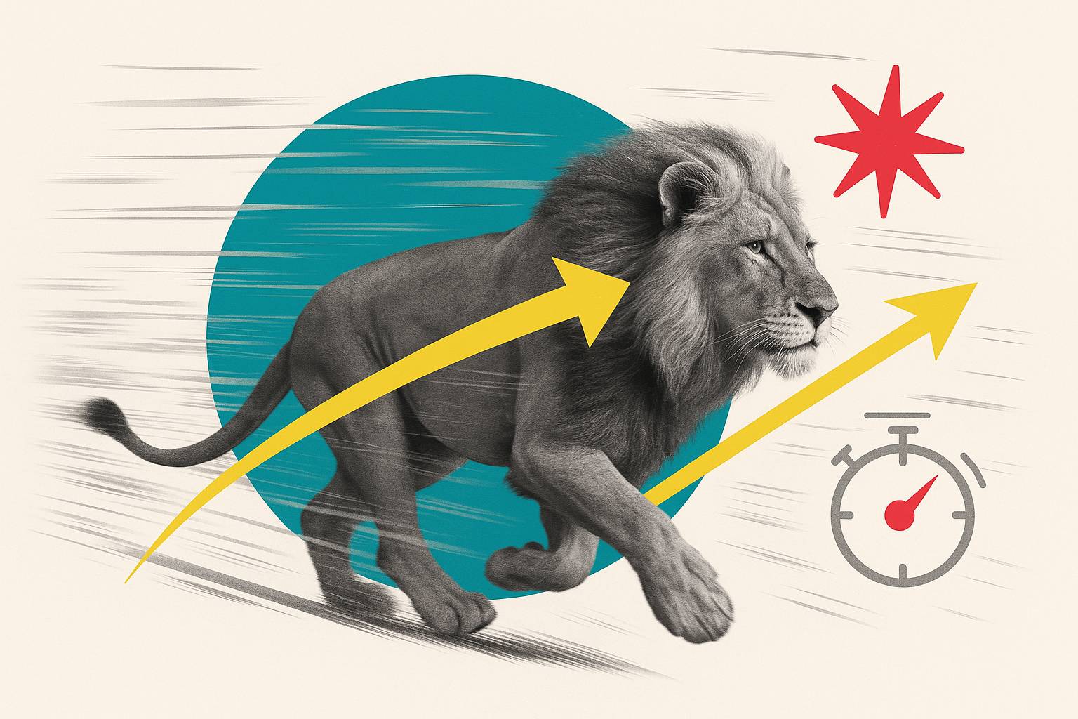Grayscale lion sprinting with motion lines; yellow arrows and a stopwatch over a teal circle signal record speed.