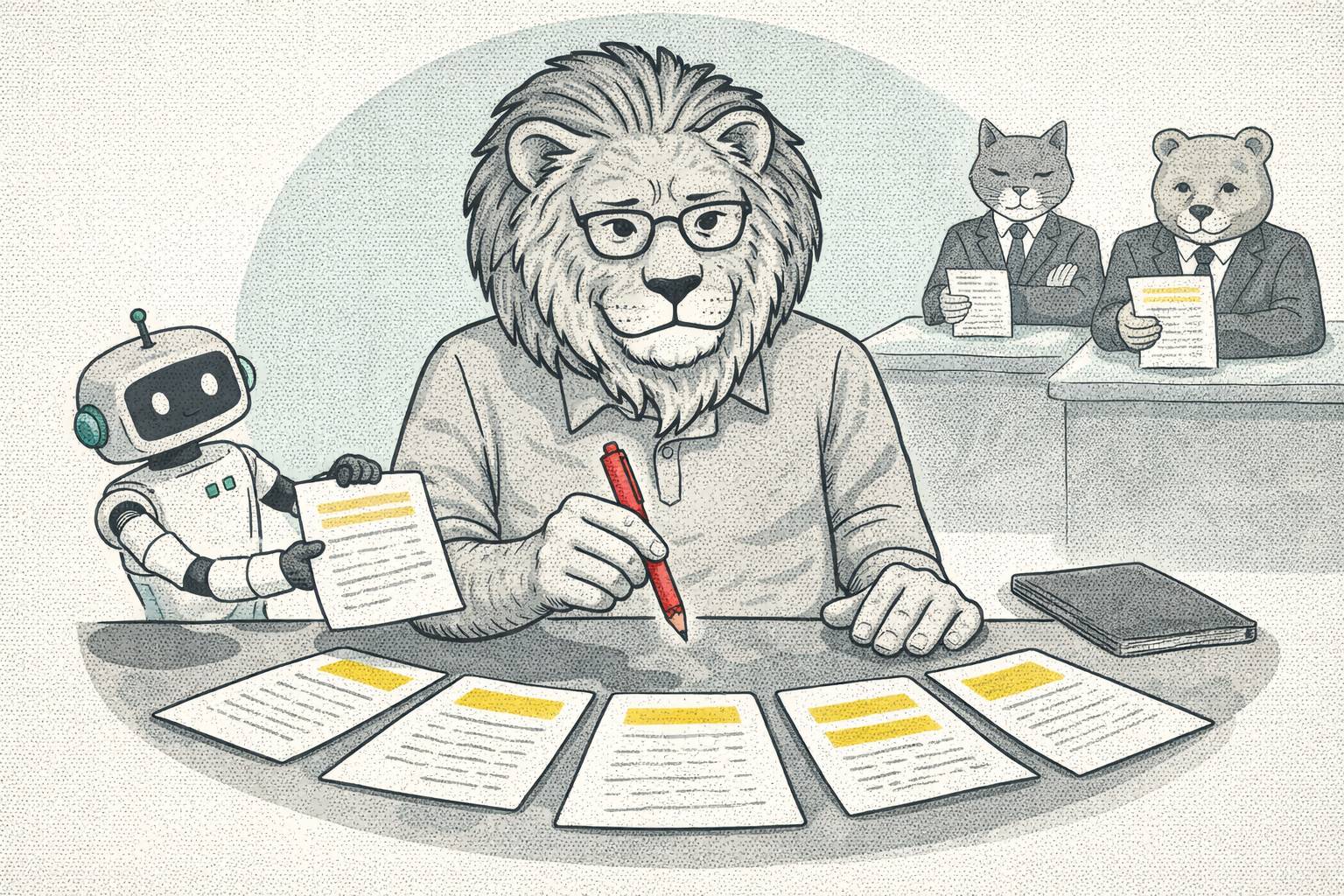 Grayscale lion at a desk reviews five yellow-marked documents with a red pen as a small robot hands more; a cat and bear behind watch with single documents.