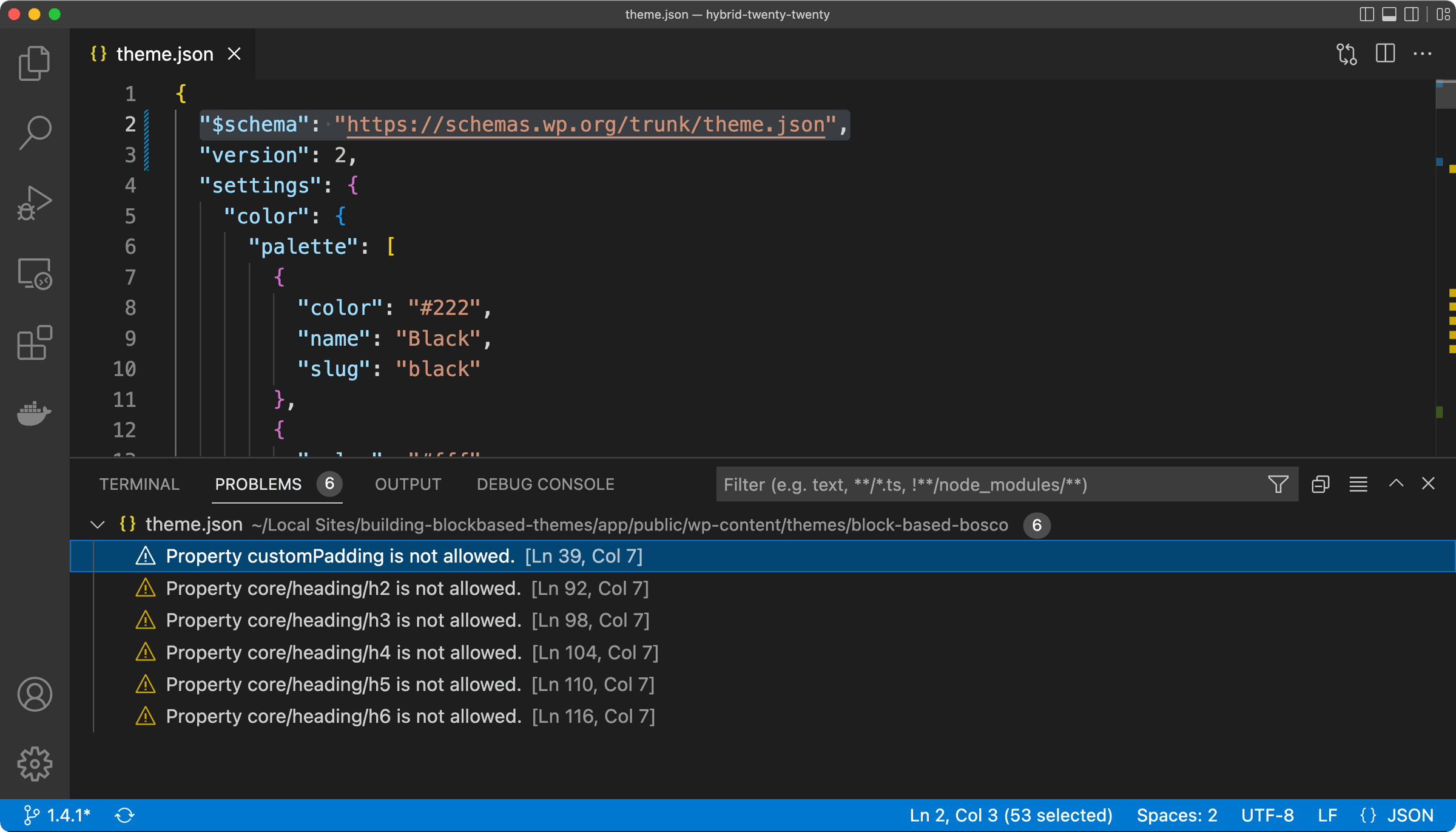 Theme.json version 1 to version 2 upgrade