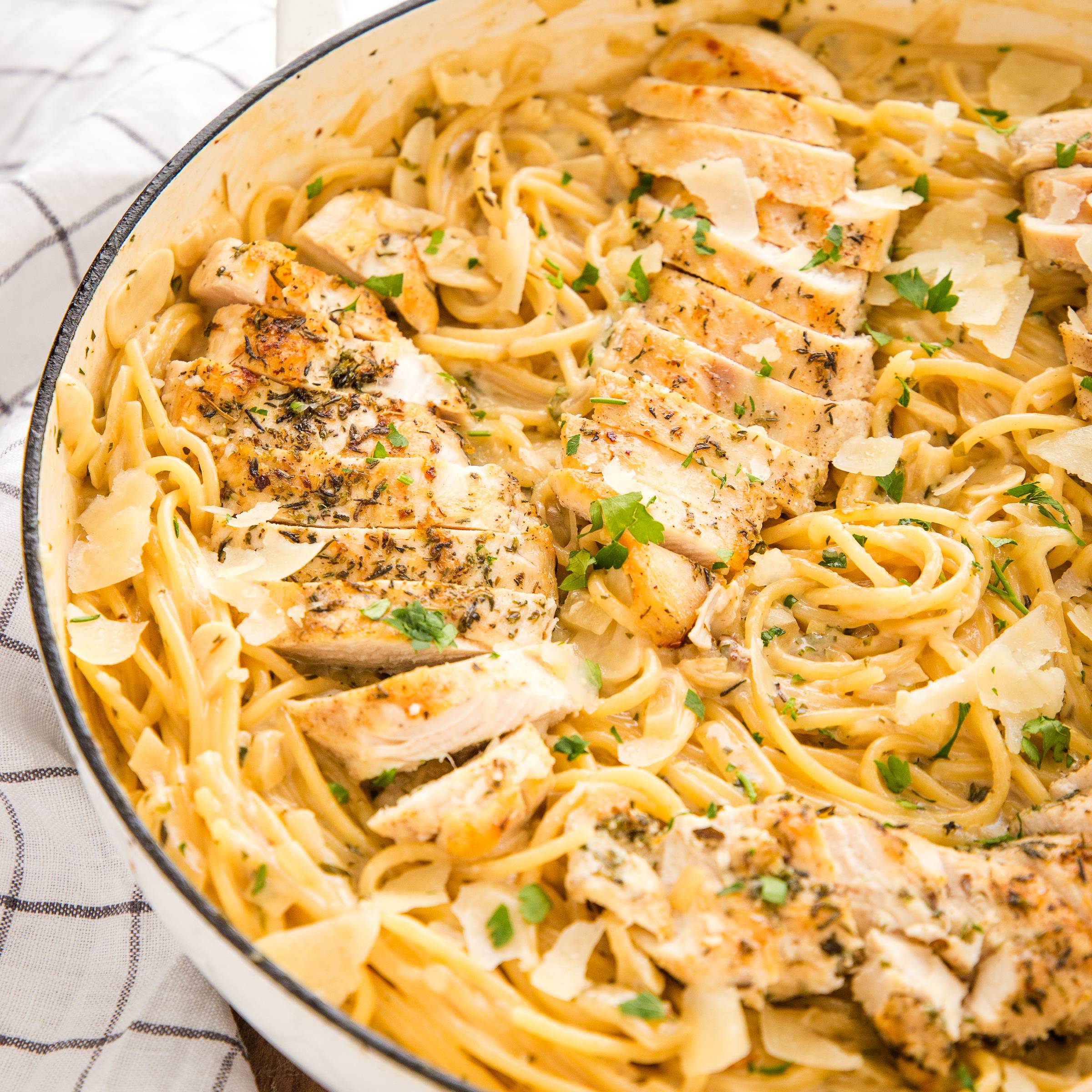 Garlic Parmesan Chicken Pasta in a skillet