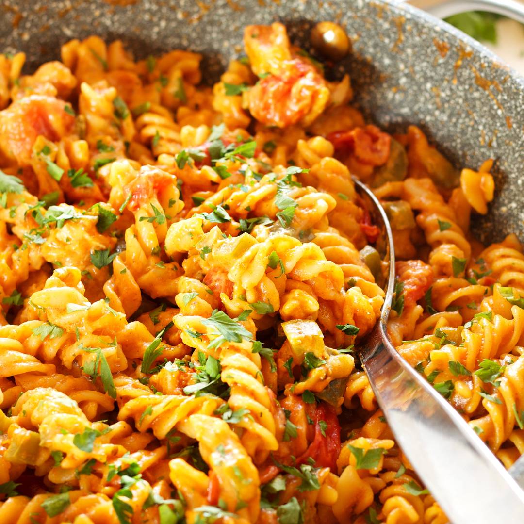 pan of Creamy One Pot Chicken Enchilada Pasta