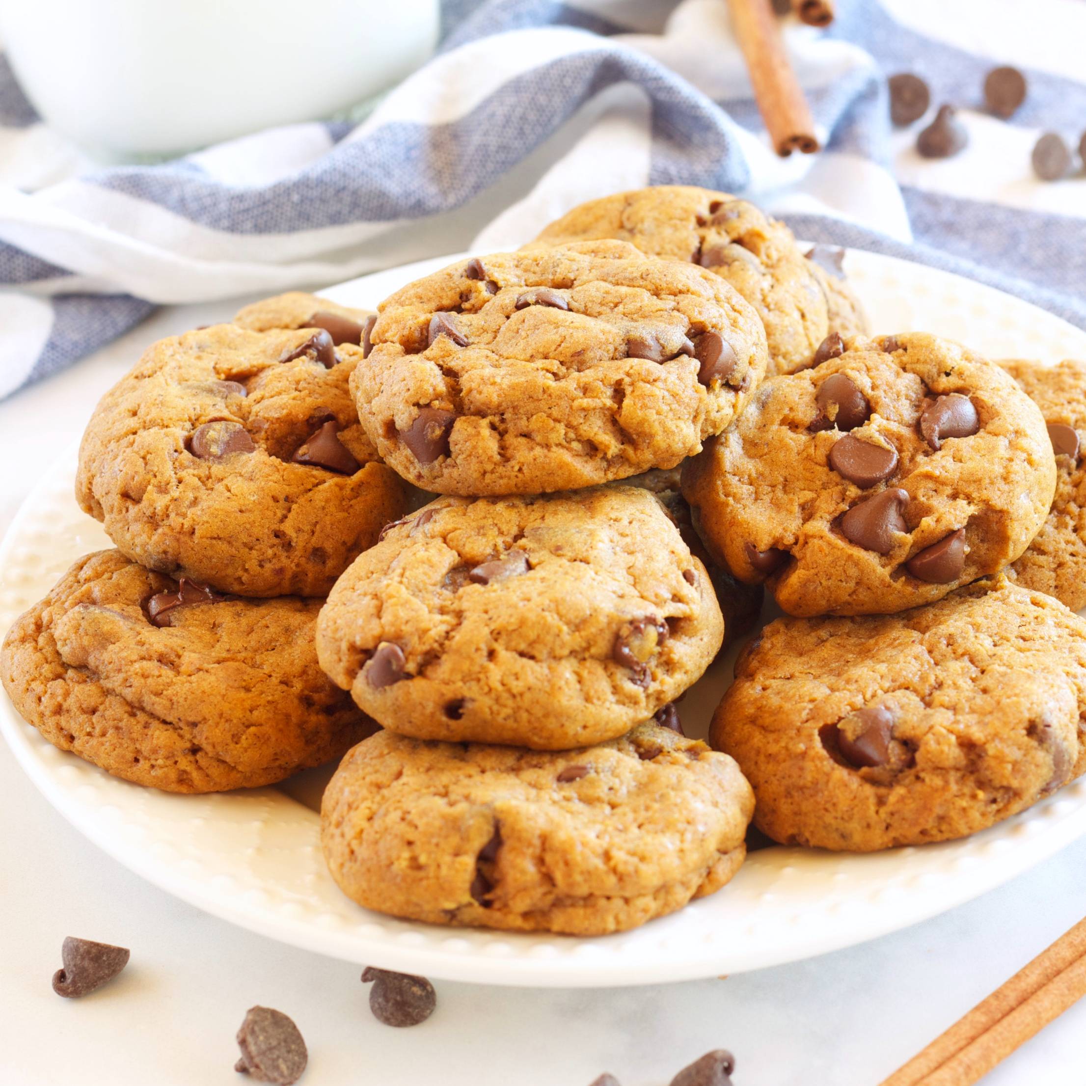 a plate full of pumpkin spice chocolate chip cookies