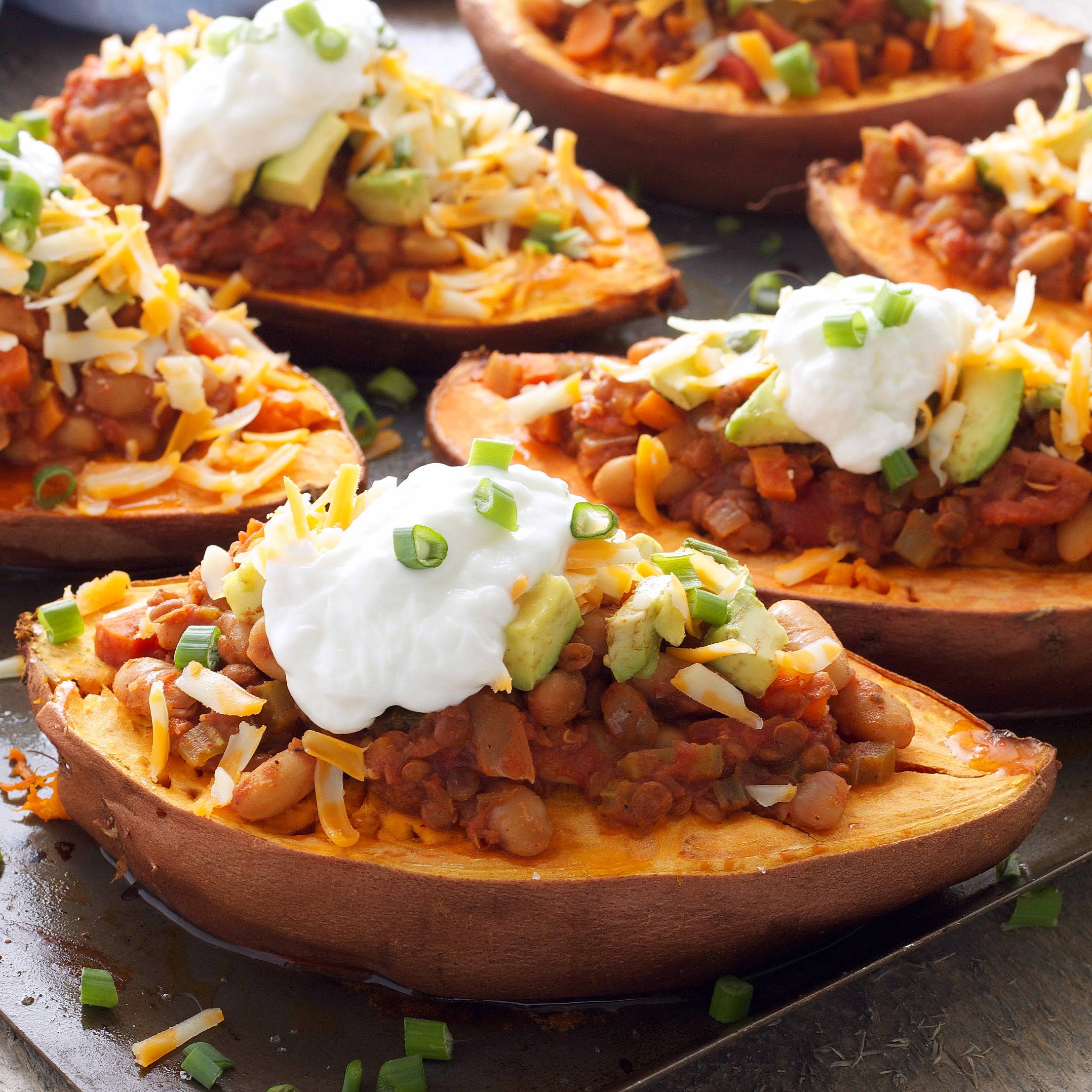 Slow Cooker Vegan Chili Stuffed Sweet Potatoes