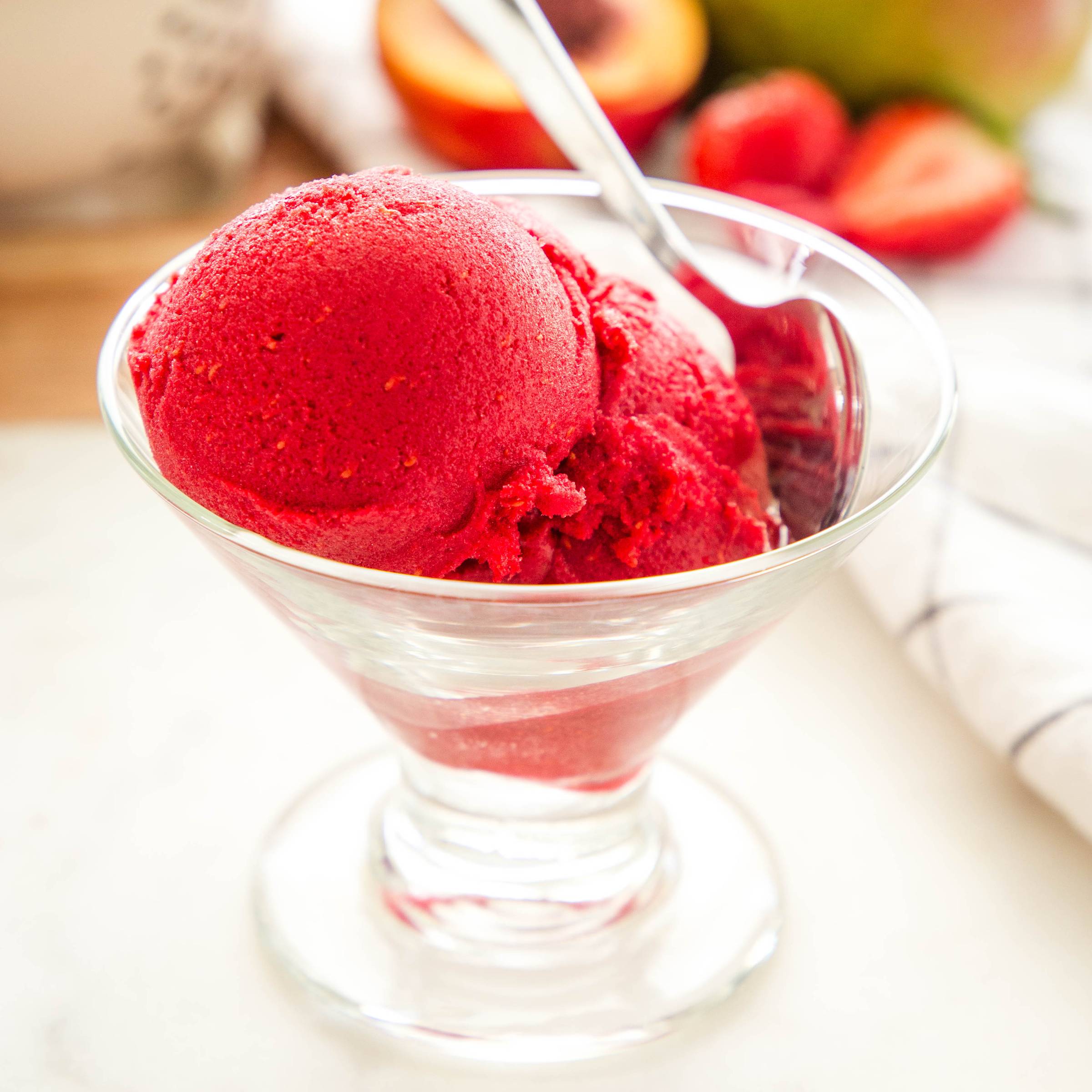 bowl with scoops of raspberry sorbet