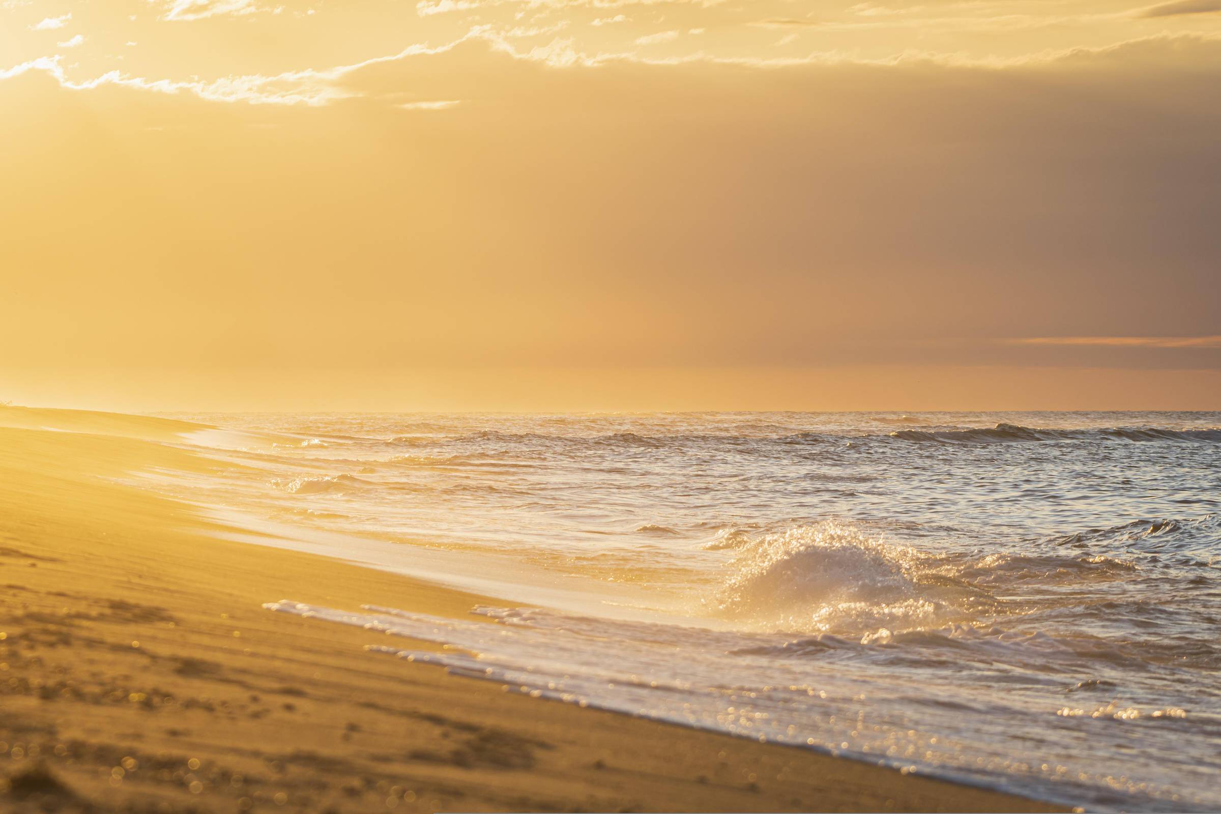 An image of a serene beach with soft waves bathing in the light of a golden sunset