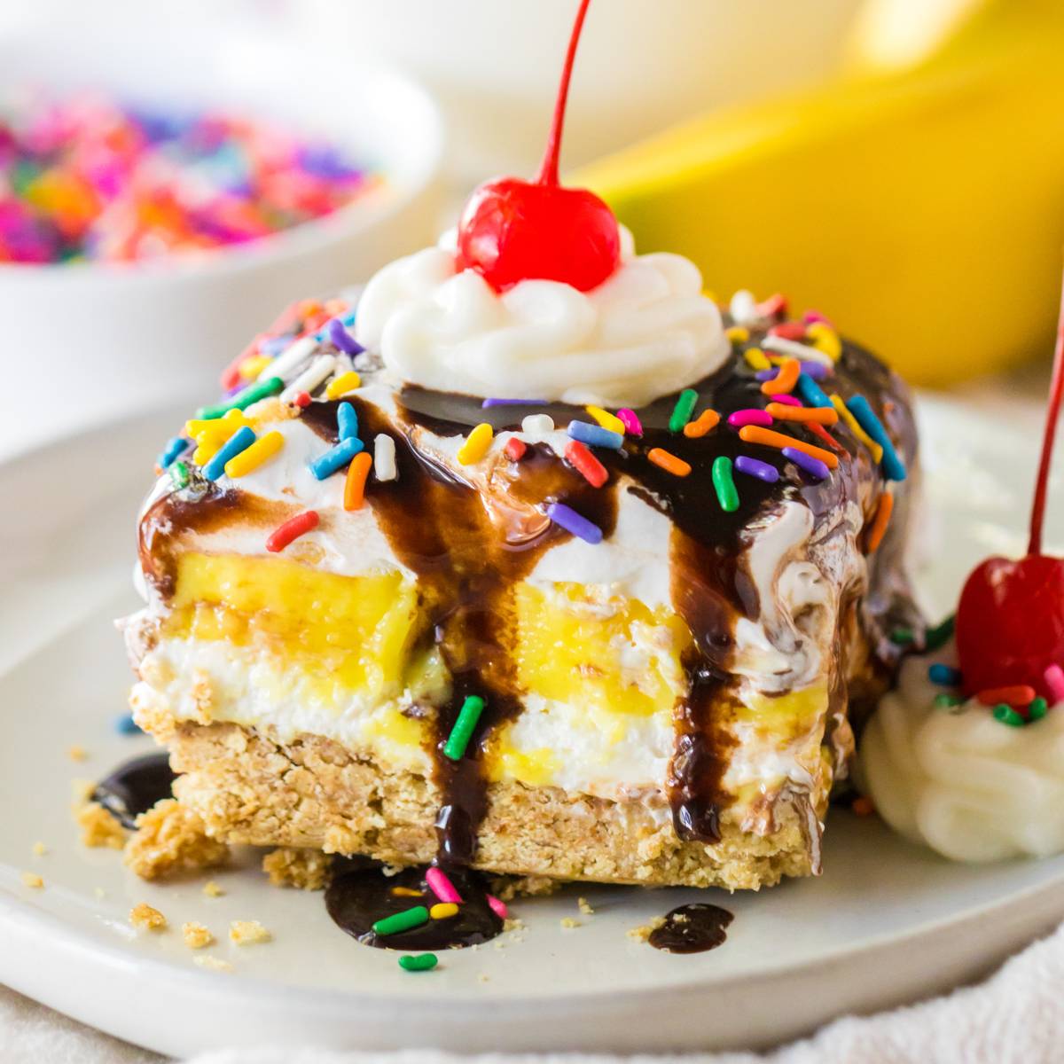 Layered banana split dessert.