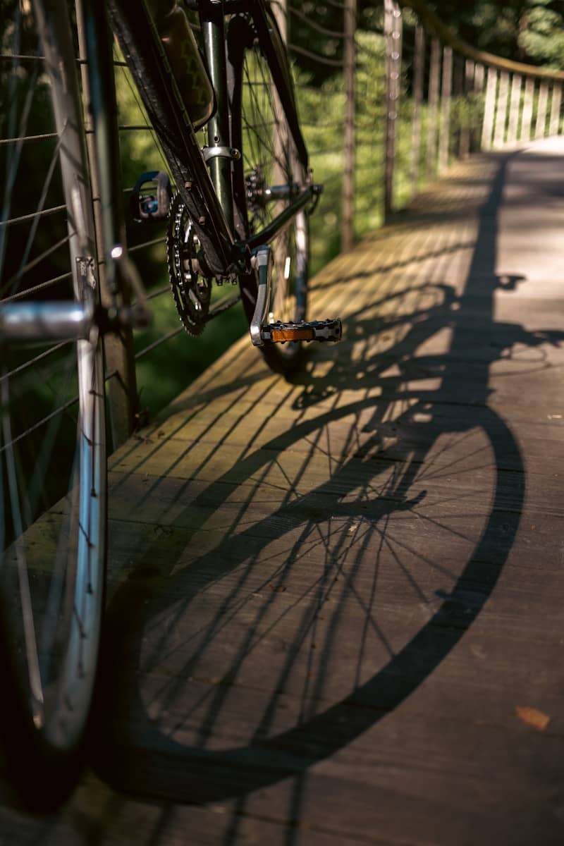 Bicycle parked on a wooden bridge casting a shadow