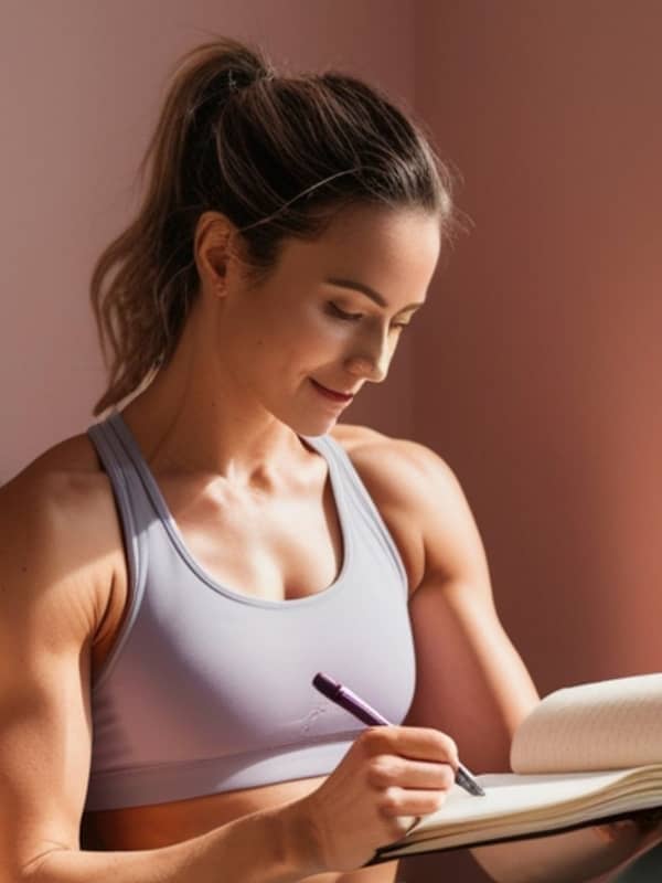 Caucasian mom in her workout clothes, writing in a journal.