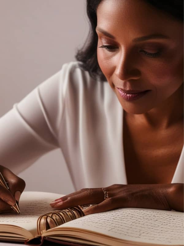 African American mother writing in a journal.