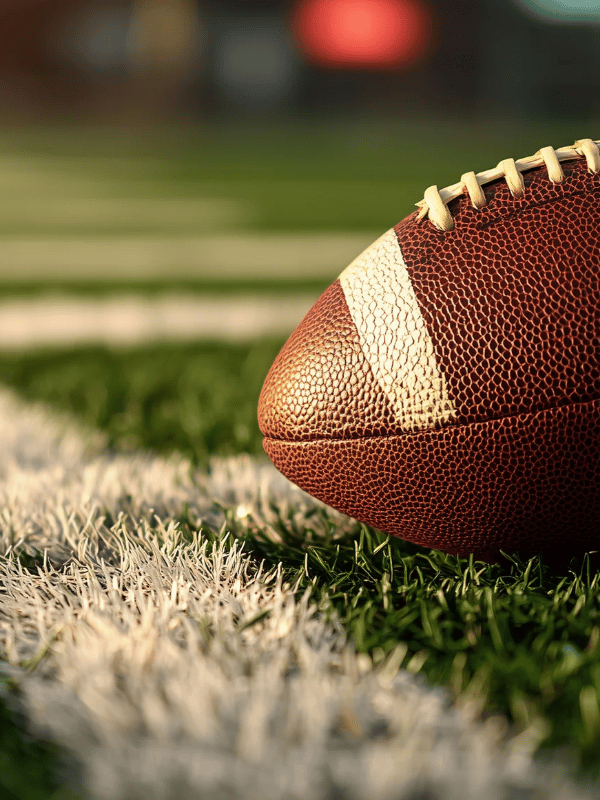 A football sitting on the ground near the yard line.