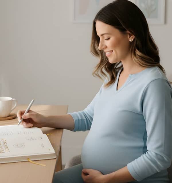 Pregnant mom sitting at a desk writing in a journal
