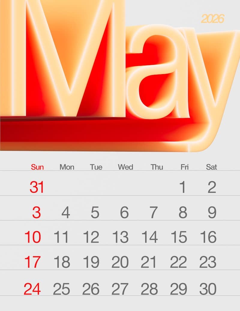 3D render of a calendar page for may 2026