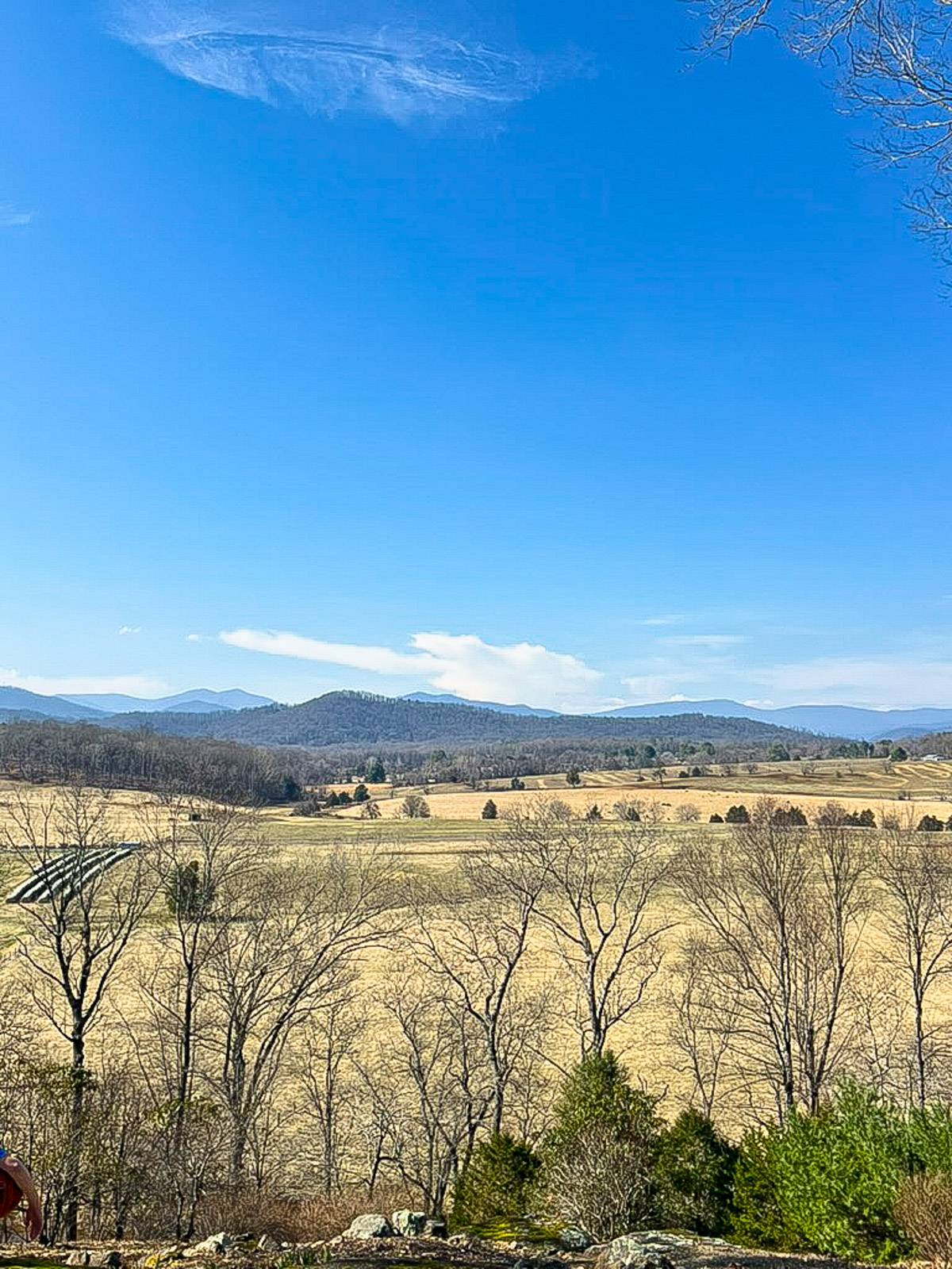 View of a valley between mountains.