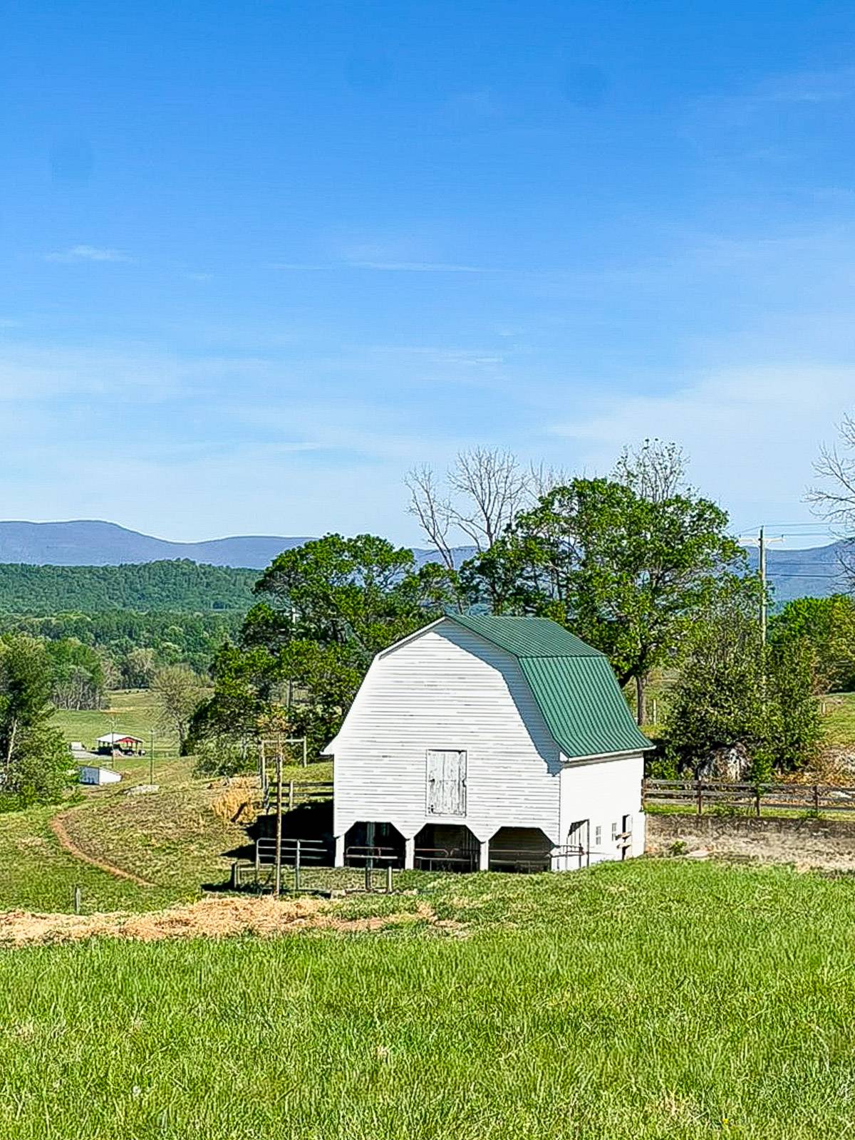 White barn in front of the Blue Ridge Mountains.
