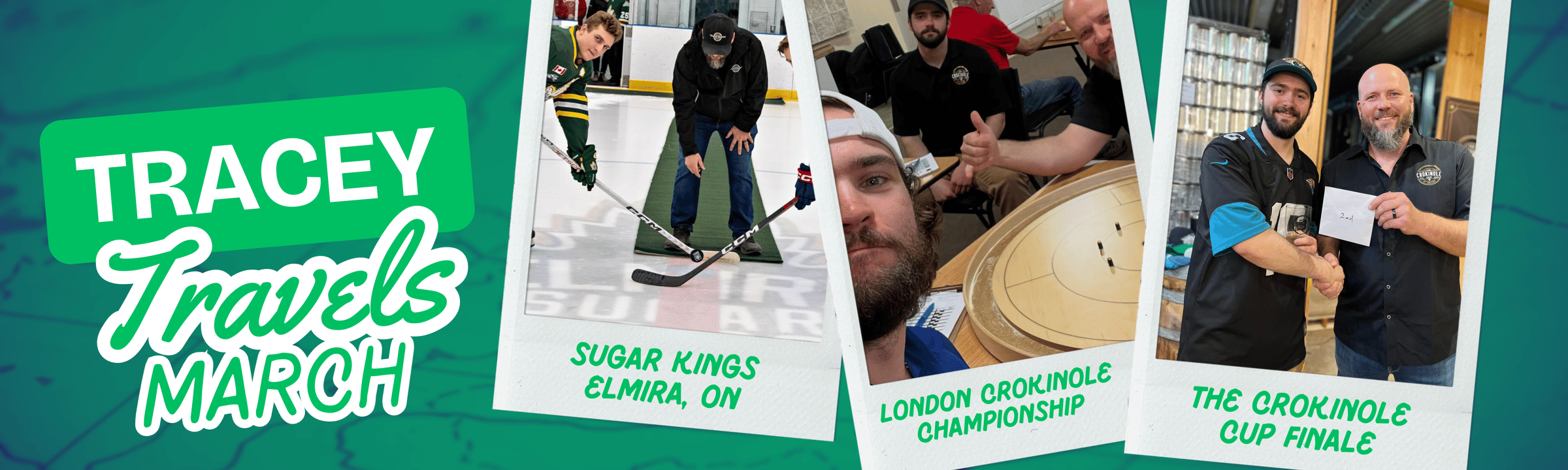 Tracey Travels in March: Jeremy at a hockey game, the Tracey Family at the London Crokinole Tournament, and Nolan and Jeremy at the Crokinole Cup