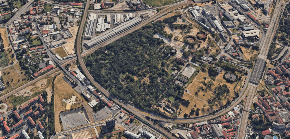 An aerial view of the Forest la Goccia in Milan, Italy, thriving in the midst of an urban sprawl