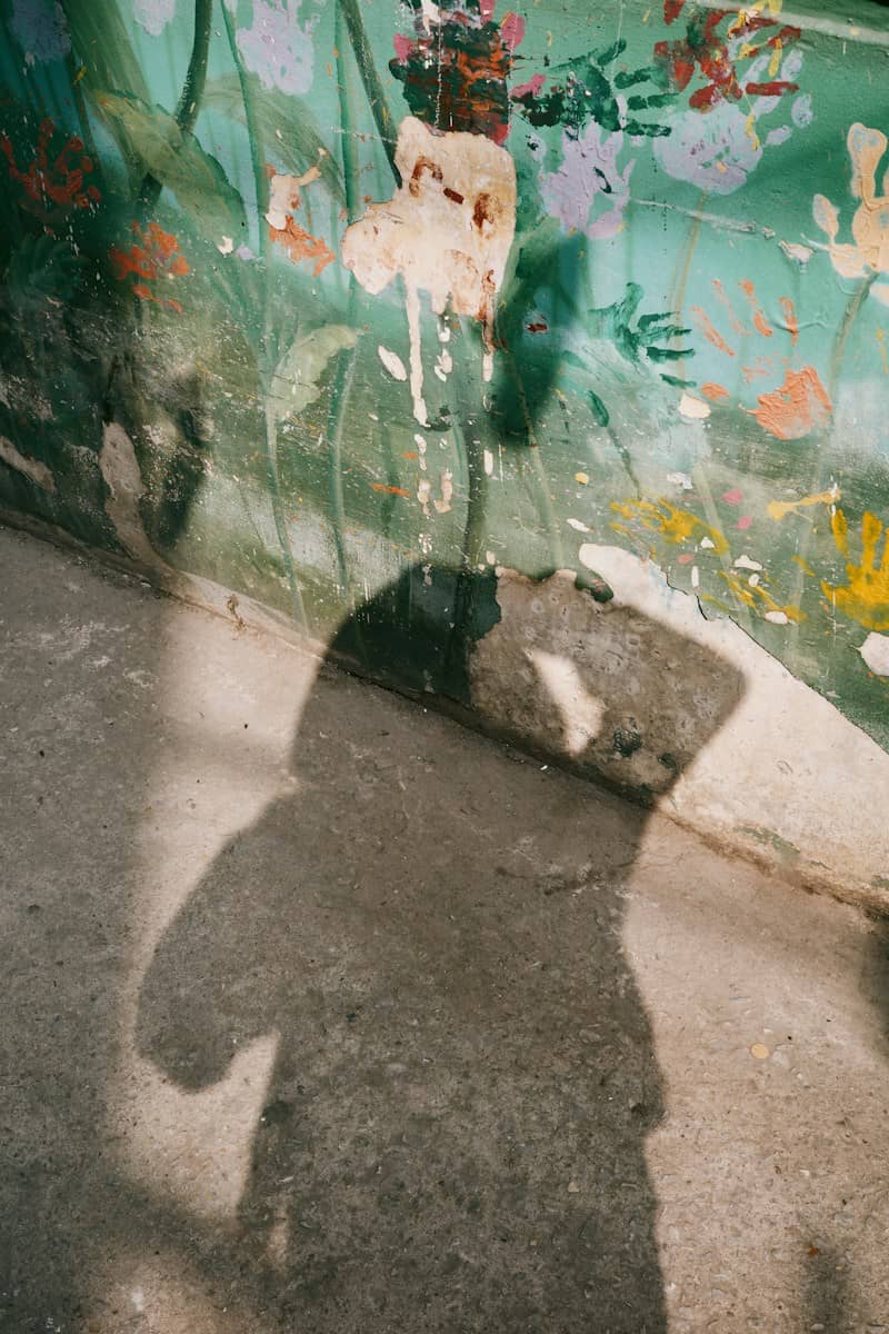 Shadow of a person on a wall with handprints