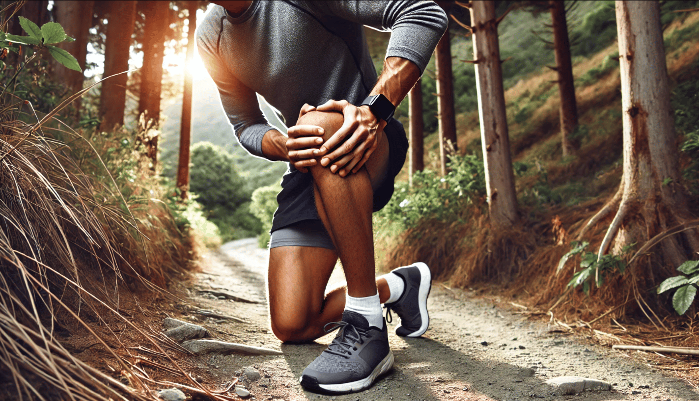 A runner experiencing knee pain, wearing athletic gear, clutching their knee with a pained expression on their face. The background shows a trail with natural surroundings like trees, bushes, and uneven terrain. The runner is mid-stride on the trail, emphasizing the pain in their knee, with one hand on the knee and the other slightly extended for balance.