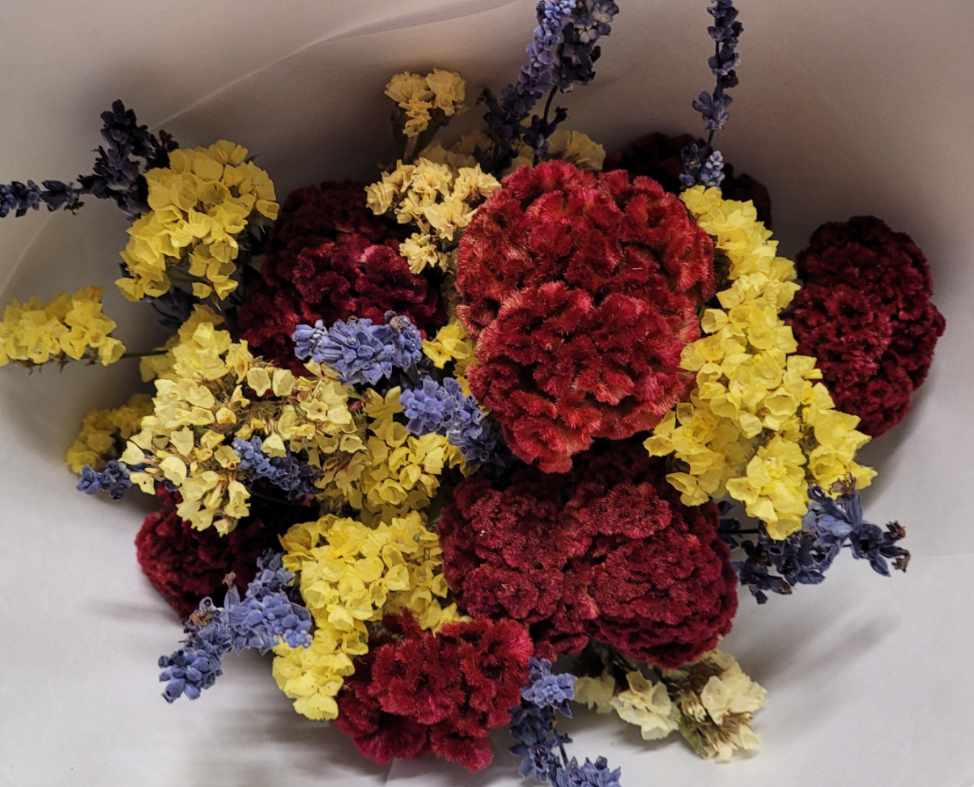 A bouquet of red, yellow and blue dried flowers