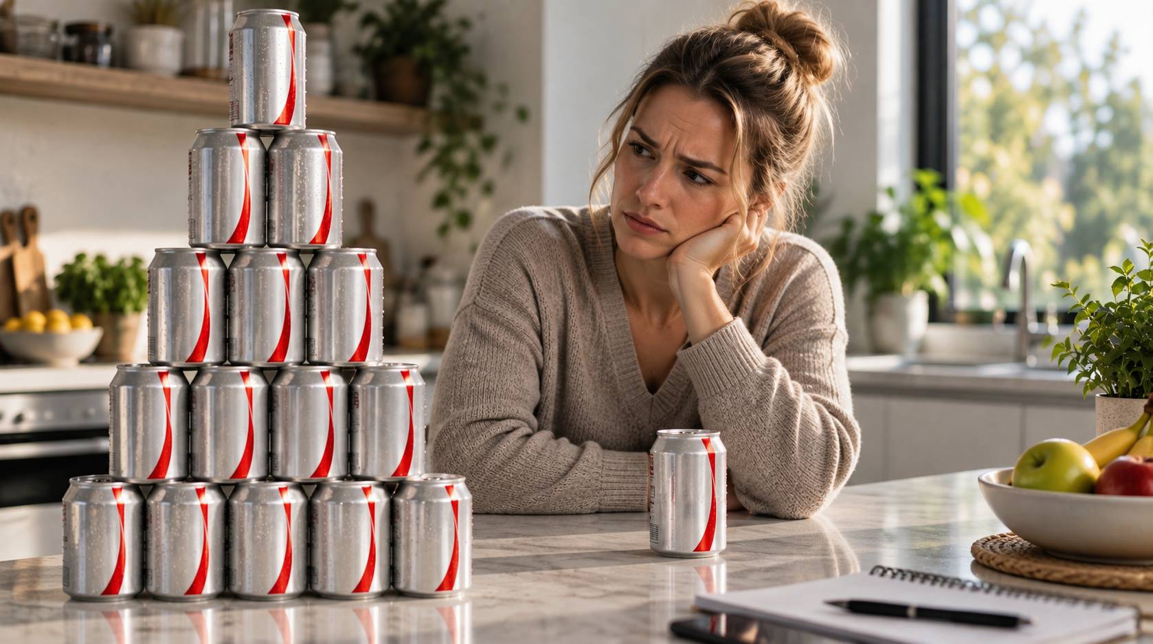 Woman staring at diet coke cans