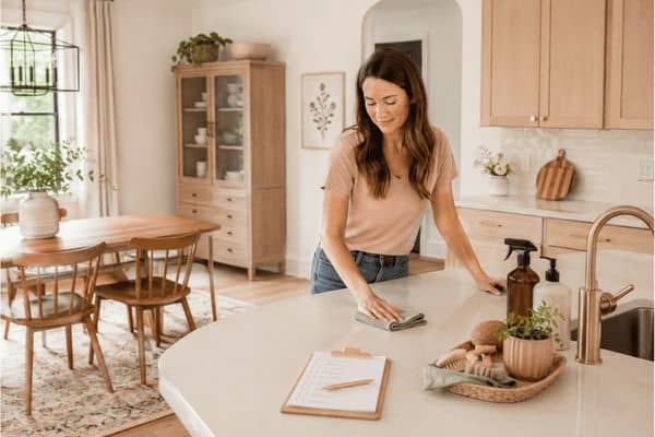 woman cleaning a kitchen countertop