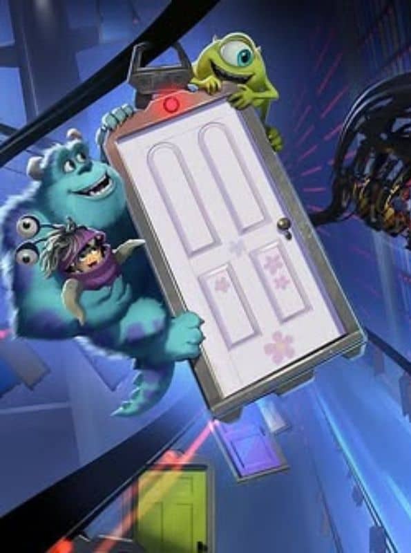 mike, sully and boo from monsters inc holding onto a door