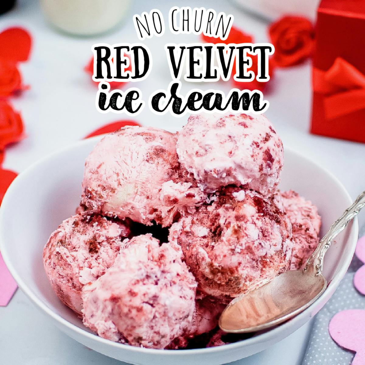 red velvet ice cream in a white bowl