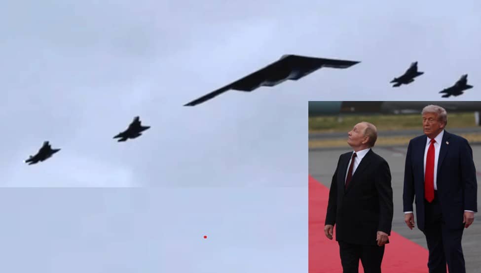 Putin observing B-2 Bomber flyover escorted by F-35 Lightning fighters at Putin -Trump Summit