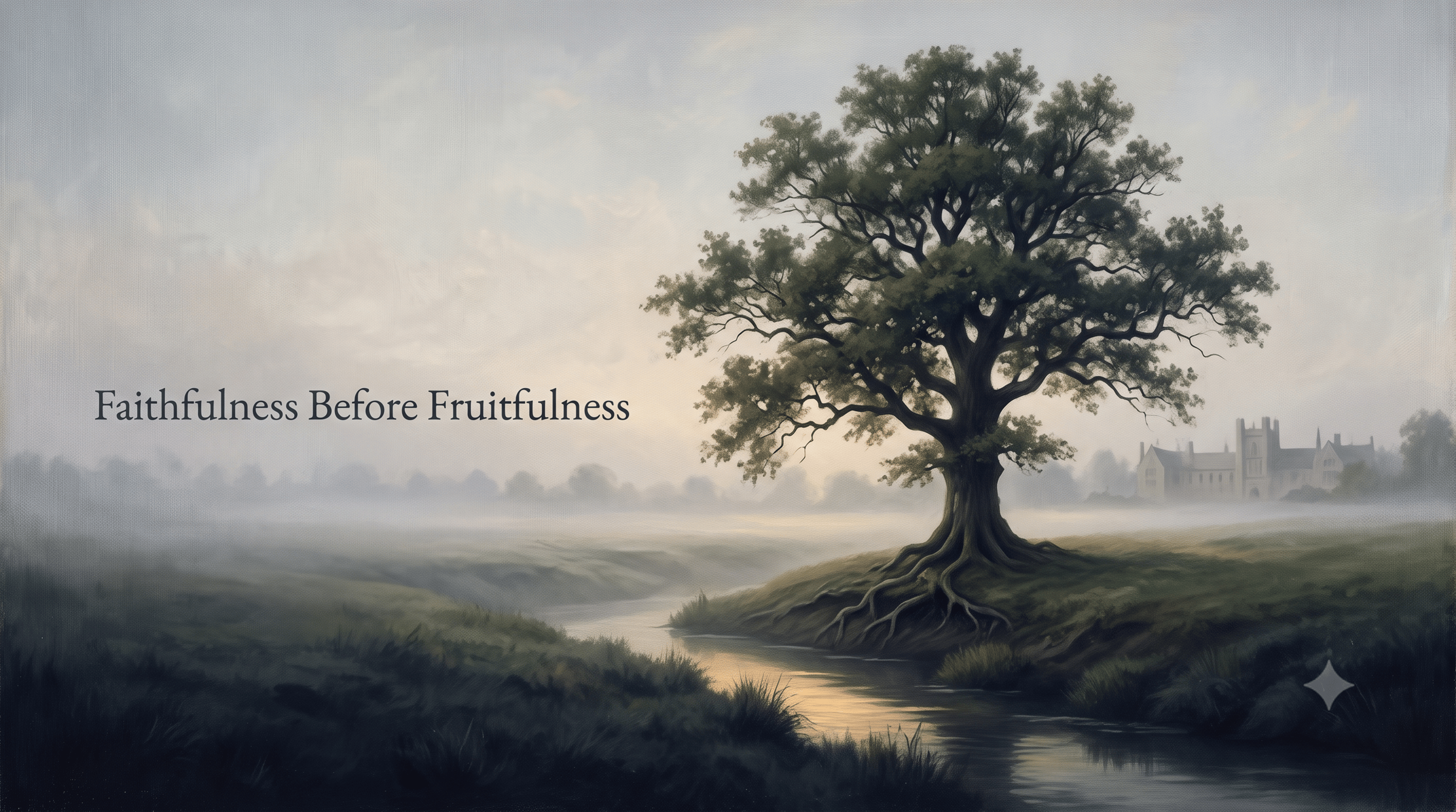 A lone oak tree beside a quiet stream at dawn, its roots visible at the water's edge, under soft golden morning light.