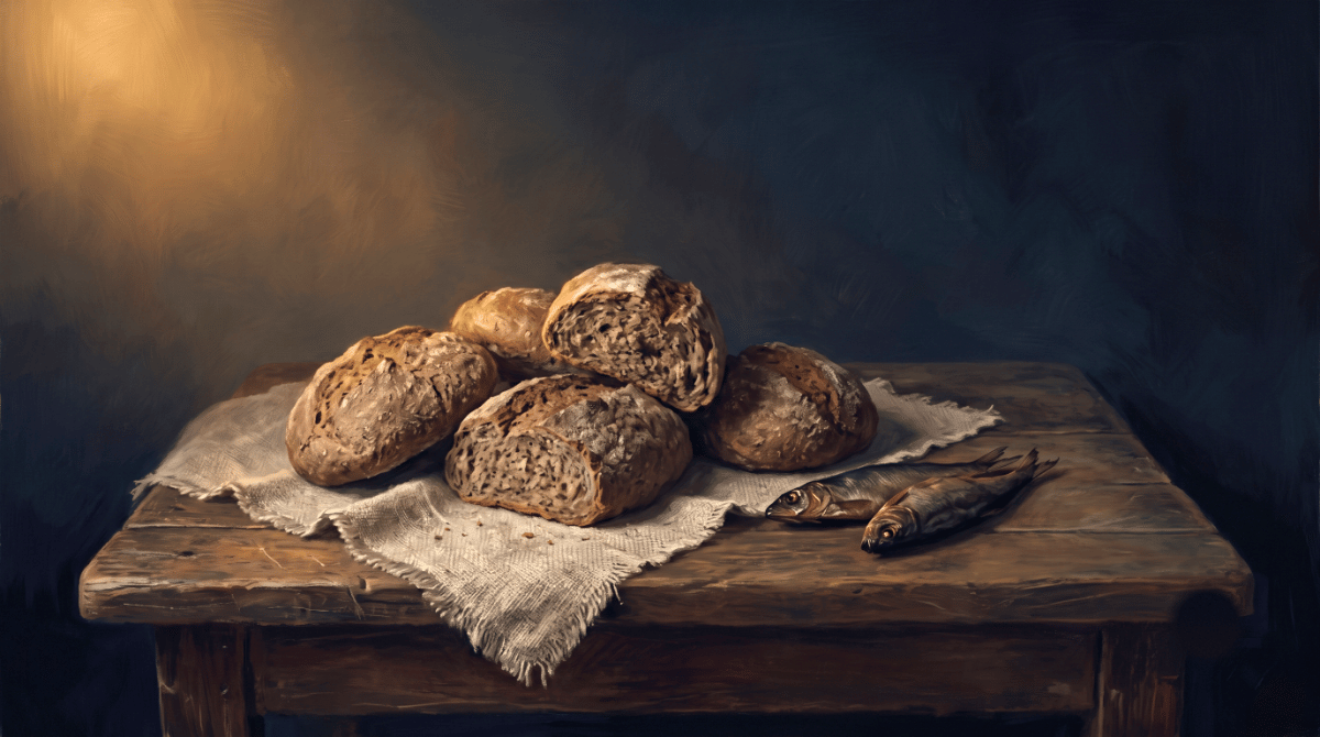 Fives Loaves and Two Fish on a wooden table