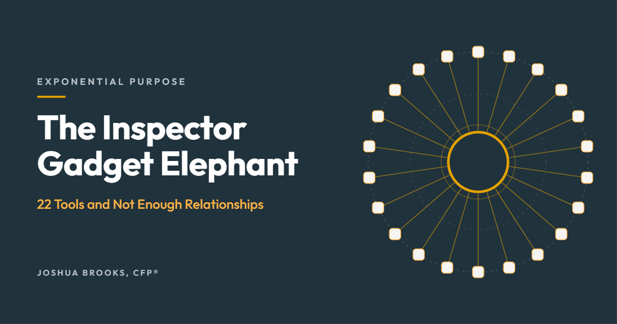 Navy card reading "The Inspector Gadget Elephant: 22 Tools and Not Enough Relationships," with a gold hub connected to 22 small nodes.
