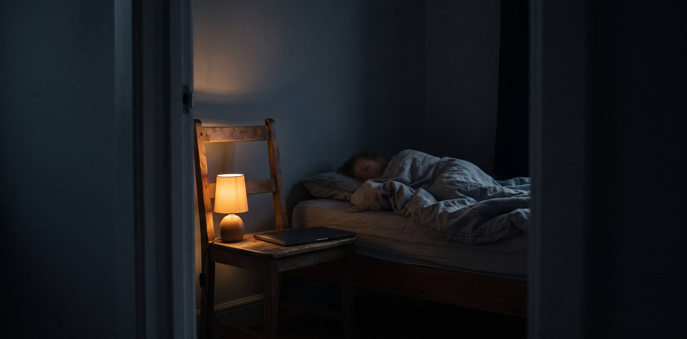 A dark child's bedroom lit by one bedside lamp. A closed laptop sits on a chair beside the bed.