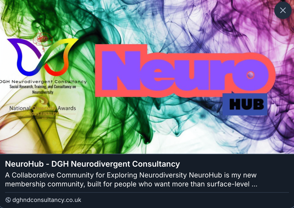 A promotional banner for NeuroHub by DGH Neurodivergent Consultancy. The background features swirling green, purple, and blue smoke-like patterns. On the left is the DGH Neurodivergent Consultancy logo with a multicoloured butterfly outline and accompanyi