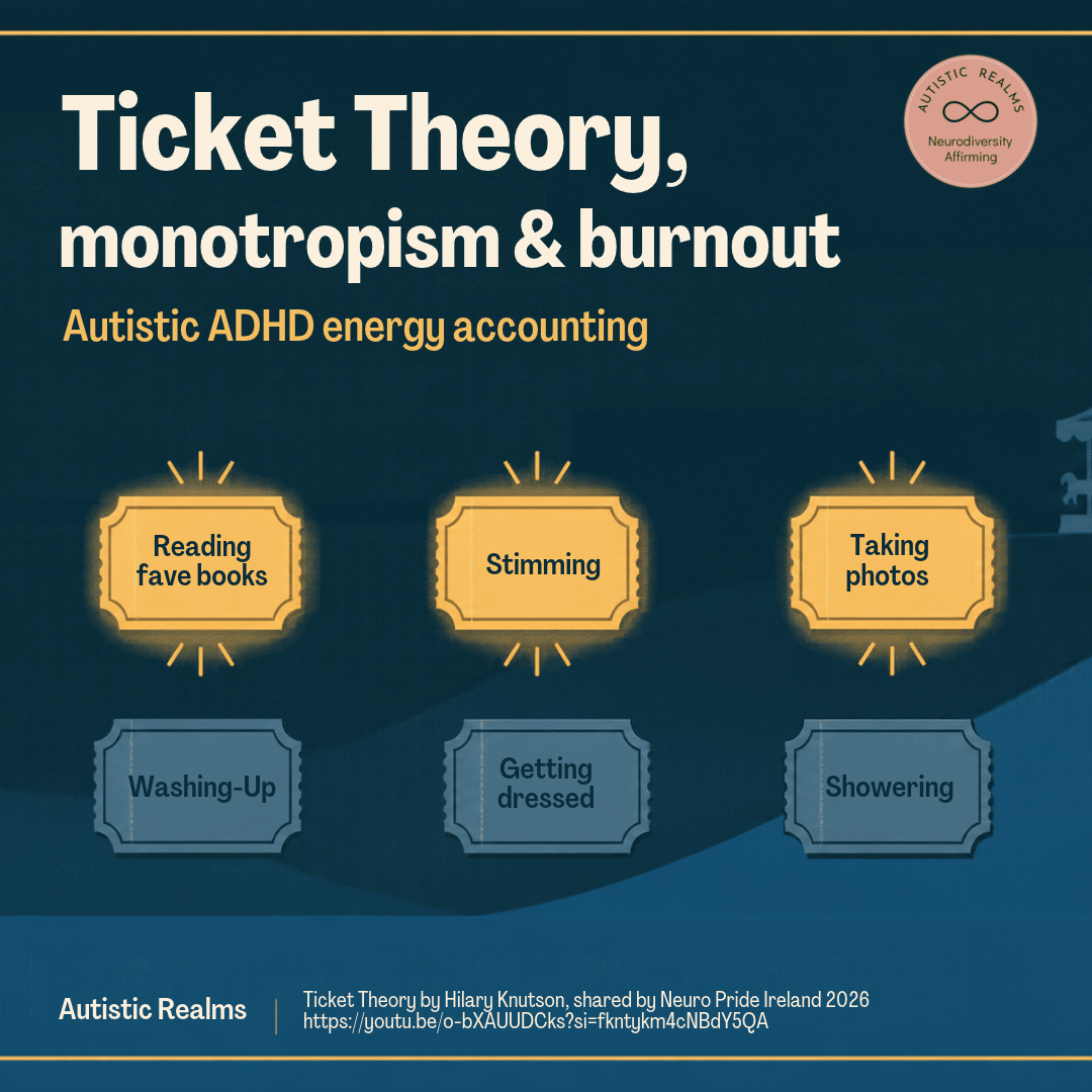 Dark blue funfair graphic with a Ferris wheel and the Autistic Realms logo. Title: Ticket Theory, monotropism & burnout. Subtitle: Autistic ADHD energy accounting. Three glowing gold tickets read Reading fave books, Stimming and Taking photos. Three faded