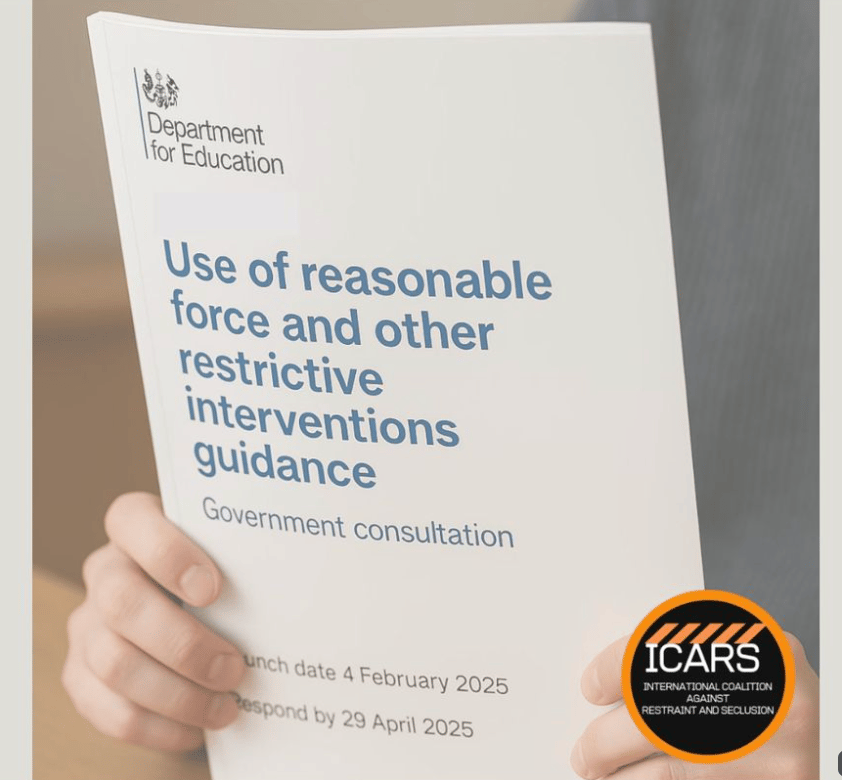 Image of someone holding DFE 'Use of reasonable force and other restrictive interventions guidance Government consultation' paper ICARS logo in corner