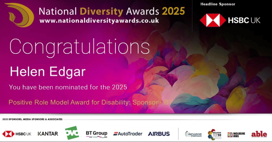 National Diversity Awards Nomination certificate for Helen Edgar 2025