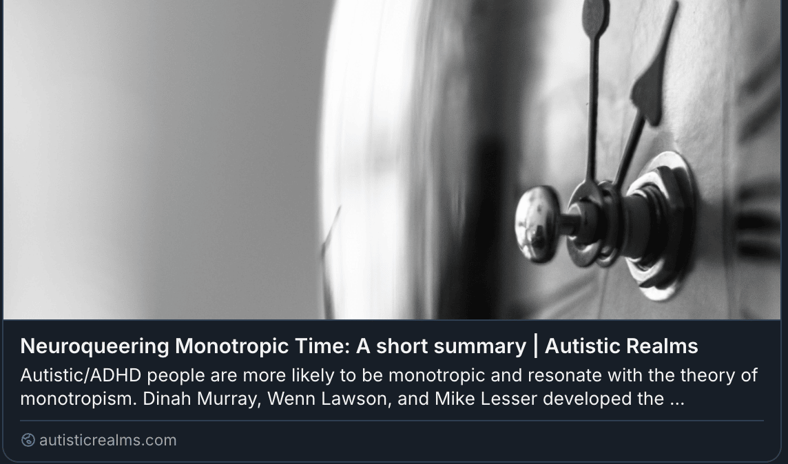 Image of clock. Text reads:Neuroqueering Monotropic Time: A short summary | Autistic Realms
