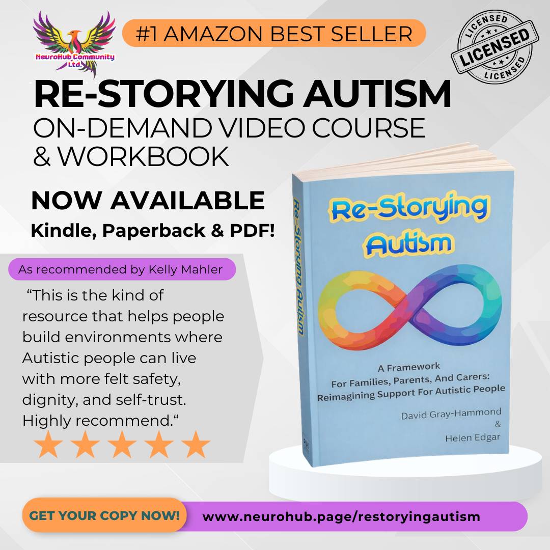 Promotional graphic advertising the “Re-Storying Autism” on-demand video course and workbook. The design features a large headline reading “Re-Storying Autism,” with text stating it is a #1 Amazon Best Seller and now available as Kindle, paperback, and PD