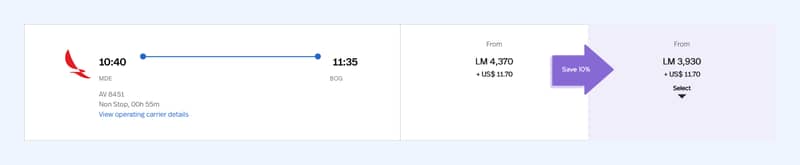 Avianca LifeMiles award search result for a nonstop Medellín (MDE) to Bogotá (BOG) flight, priced from 3,930 miles plus $11.70 after a 10% discount