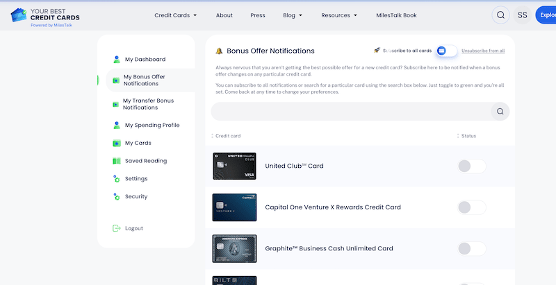 Your Best Credit Cards Bonus Offer Notifications page where you can toggle on alerts for individual credit cards