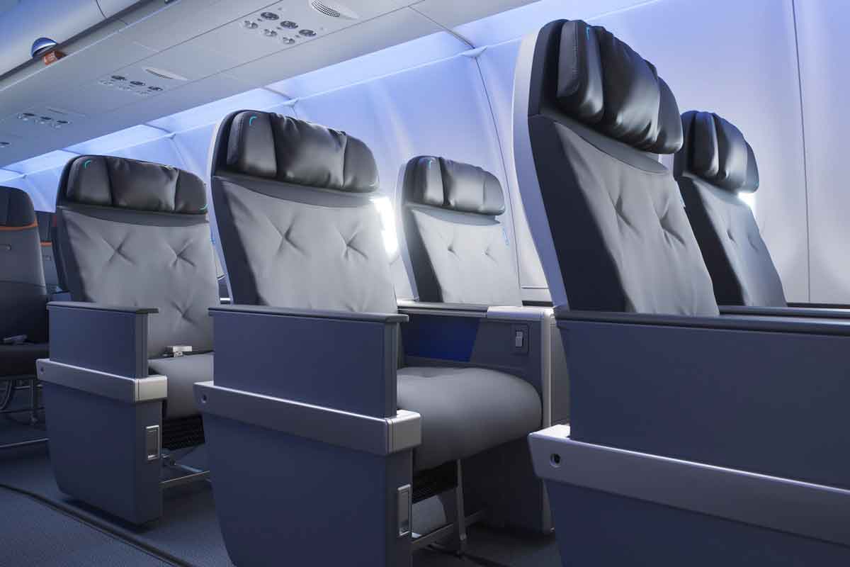 JetBlue BlueFirst first class seats on a JetBlue plane.