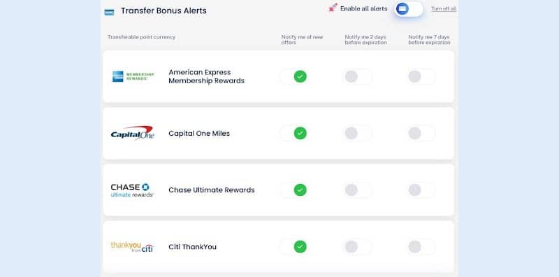 An alerts dashboard showing toggle options to be notified of new transfer bonuses, or two and seven days before they expire. 