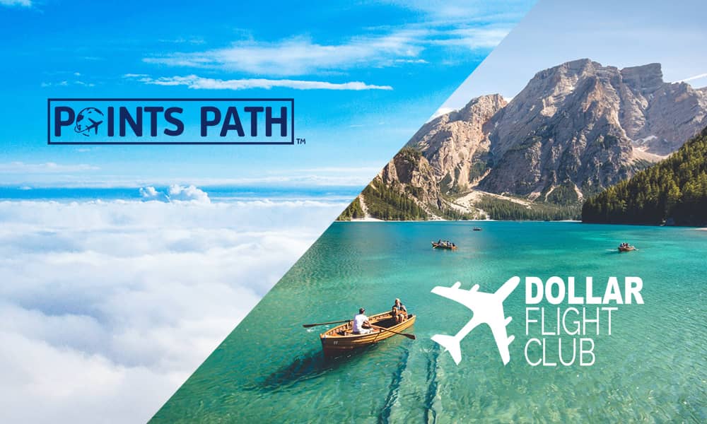 A split screen of flying above the clouds and a lake by the mountains with Points Path and Dollar Flight Club logos