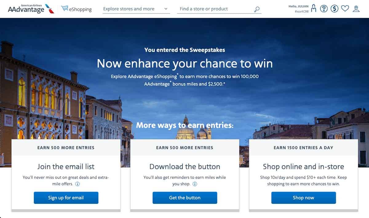 A screenshot from the AAdvantage eShopping site with different sweepstakes entry options.